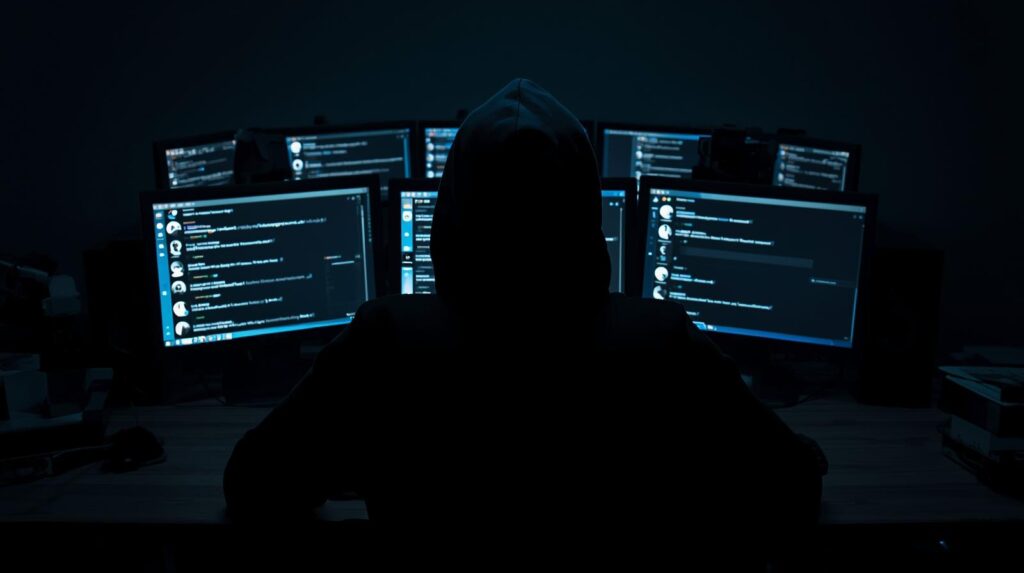 어두운 방에서 한 사람이 여러 개의 모니터에 띄워진 가짜 메신저 프로필들에 둘러싸여 있는 모습을 담은 사진.