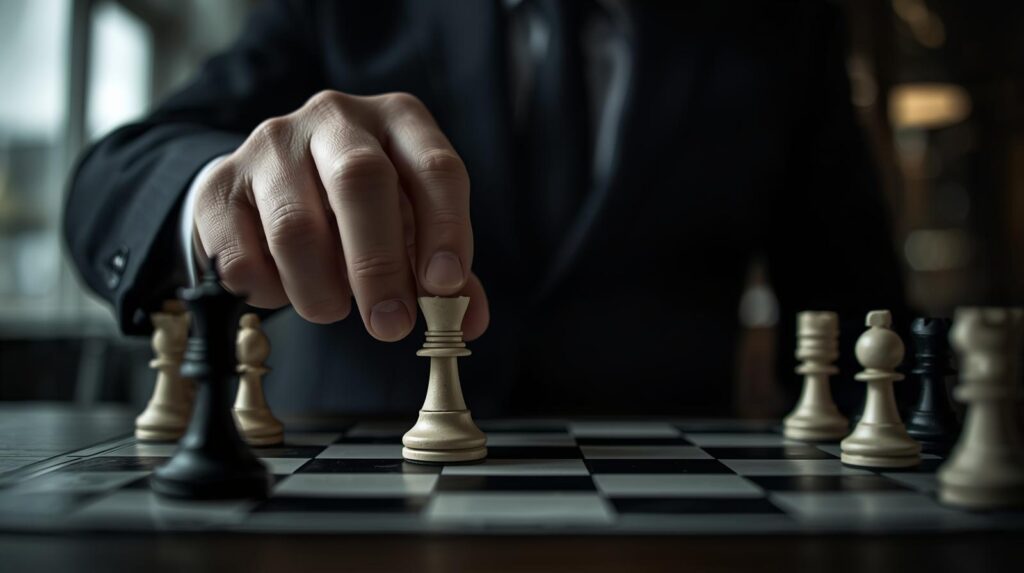 정장 차림의 손이 체스판 위에 말을 놓아 체크메이트를 부르는 모습과 배경에 흐릿하게 새 식당 개업 간판이 보이는 개념 사진.